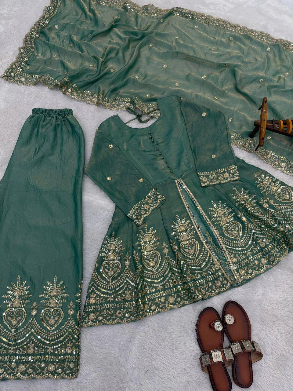 Sage Green Sequins Mirror Work Suit flat lay full set – Kalyanja KU304